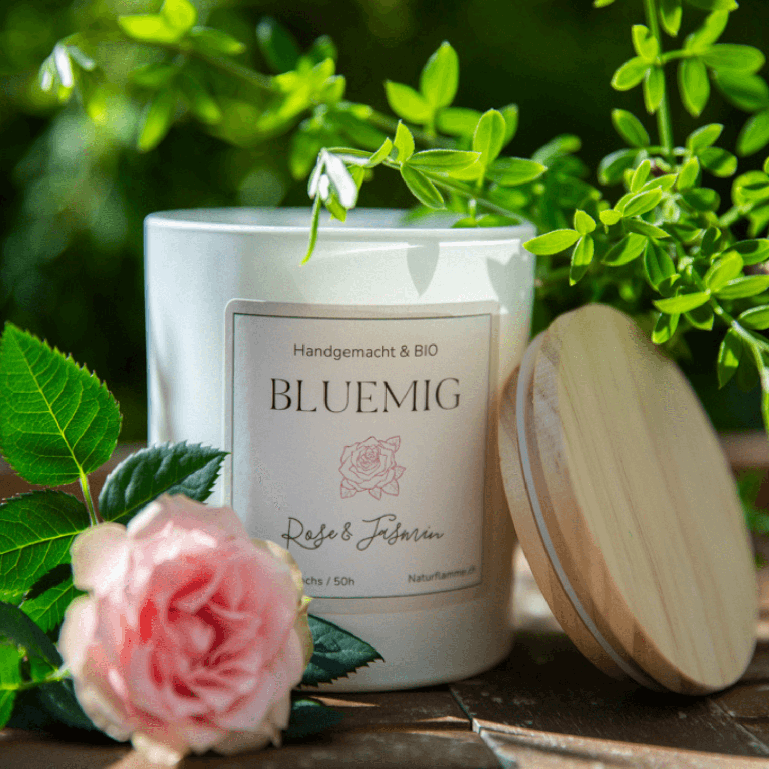 Blumenkerze «Bluemig» Rose & Jasmin Bio
