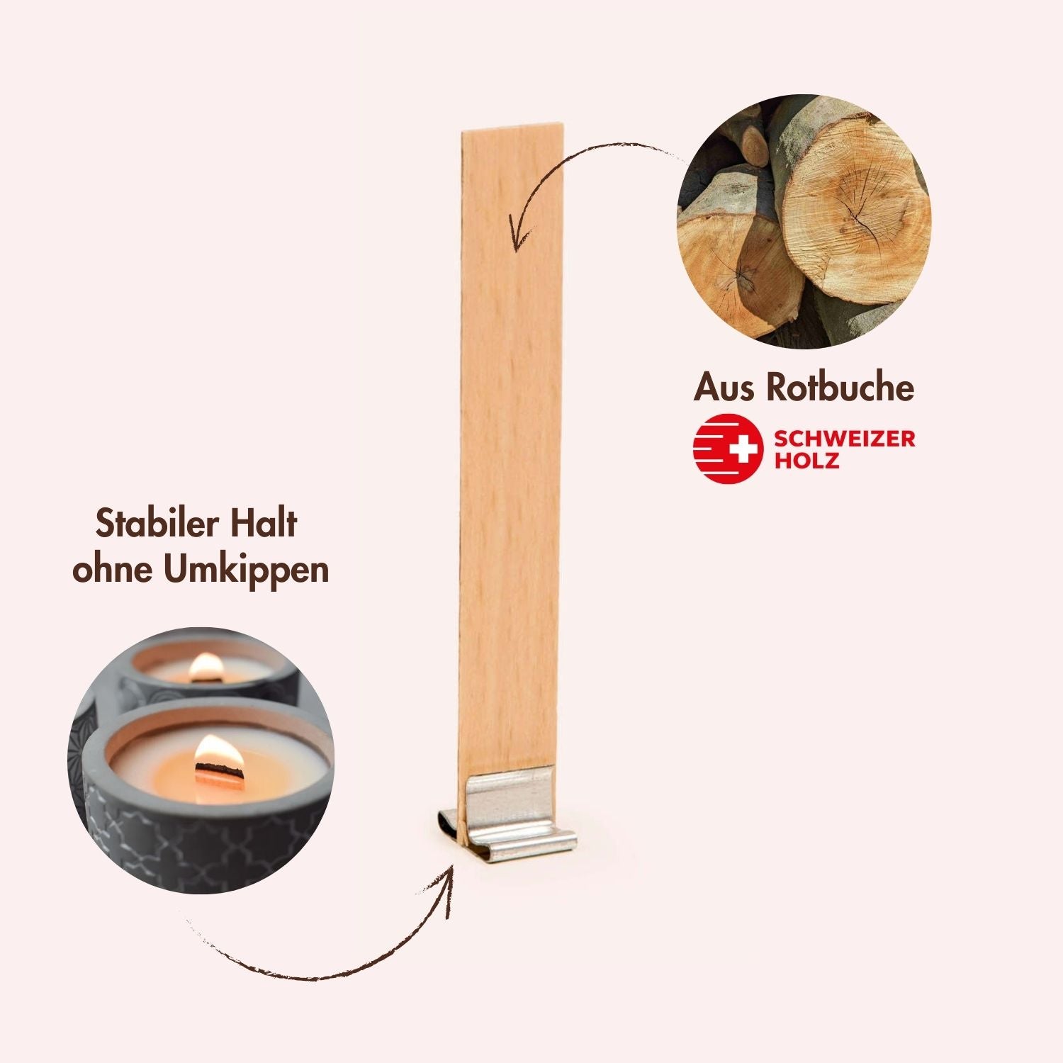 Holzdocht "Swiss" aus Schweizer Rotbuche inkl. Halter aus Metall