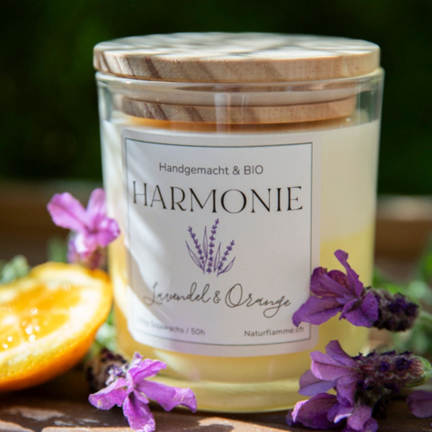 Zweifarbige Duftkerze «Harmonie» Lavendel & Orange Bio
