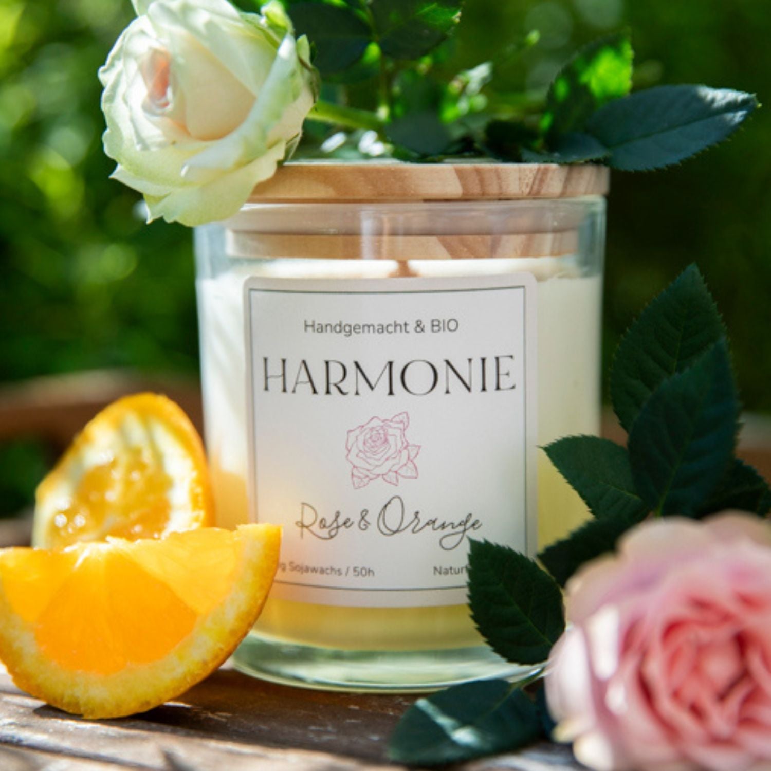 Zweifarbige Duftkerze «Harmonie» Rose & Orange Bio